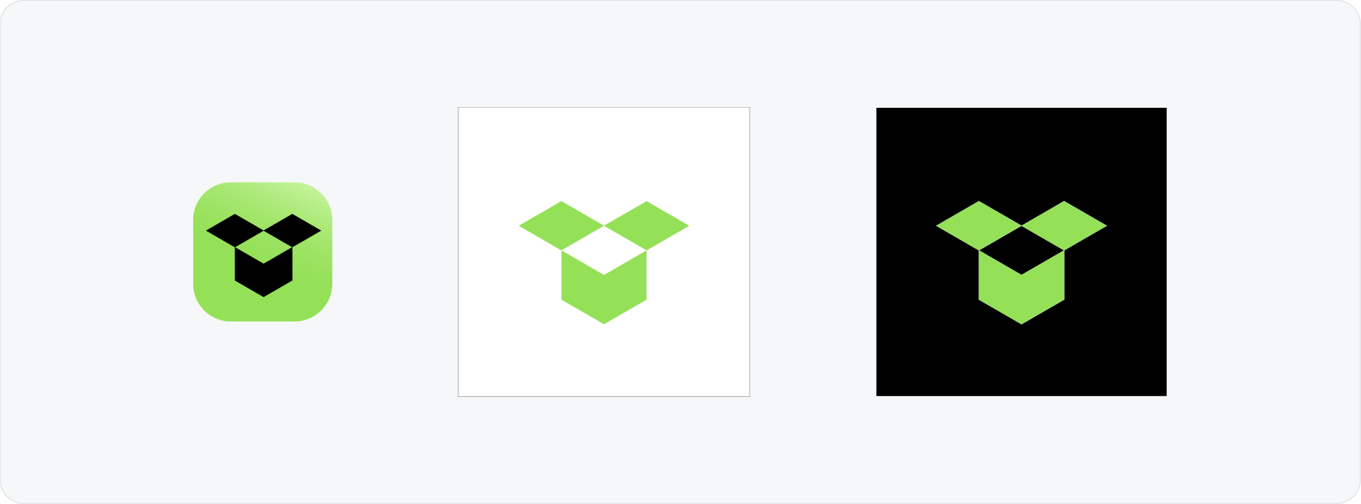 Three versions of the Unboxed logo: a rounded app icon, a monochrome version on white, and a monochrome version on black.