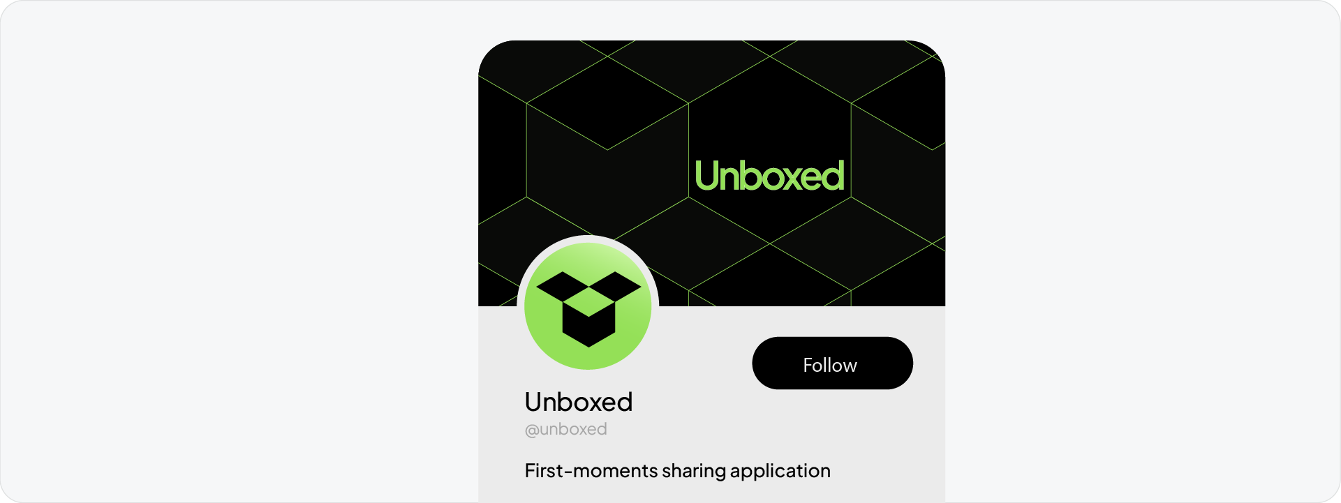 A social media profile mockup for Unboxed, featuring a dark geometric pattern banner and the brand symbol as the profile picture.