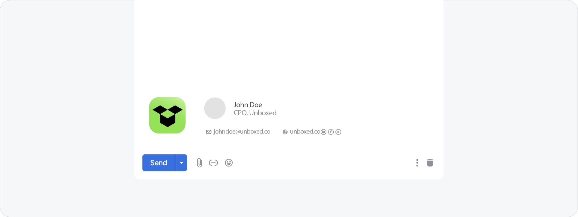 A professional email signature mockup for 'Unboxed' featuring the brand symbol, employee name, and contact information.