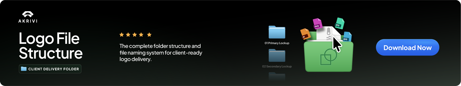 Akrivi Logo File Structure kit, featuring an organized system for professional client-ready logo delivery.