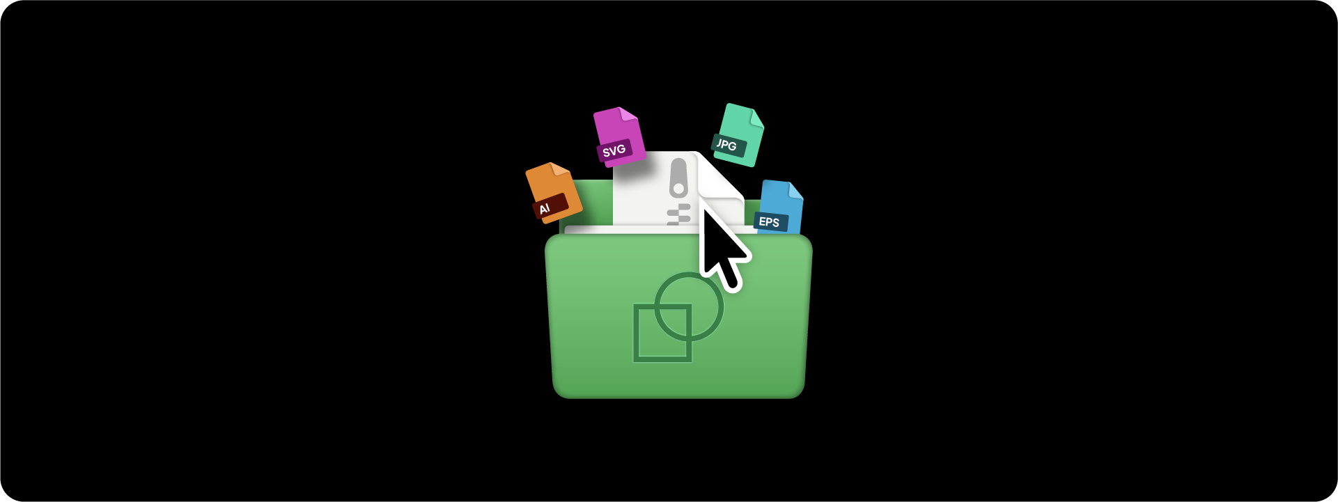 An illustration of an organized logo delivery system, showing a green folder being packed with a zip file and multiple file formats including AI, SVG, JPG, and EPS.