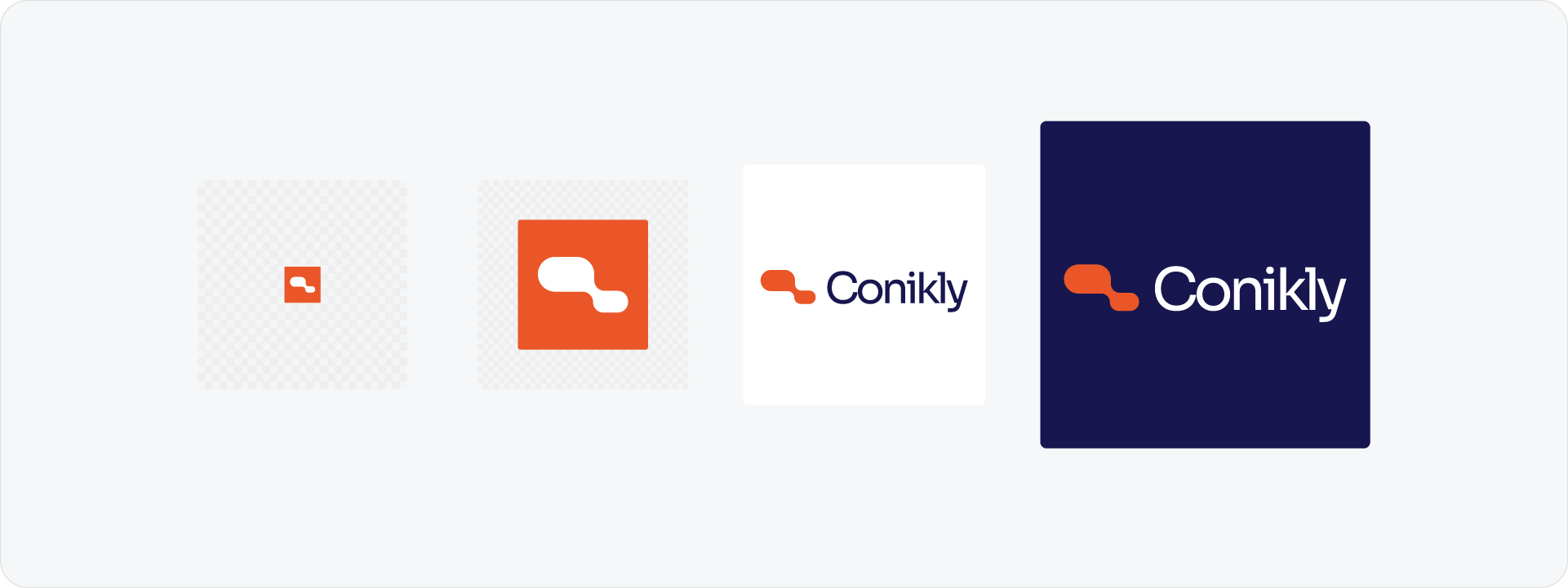 A series of logo variations for the Conikly brand, showing how the design scales from a small favicon up to a full horizontal lockup.