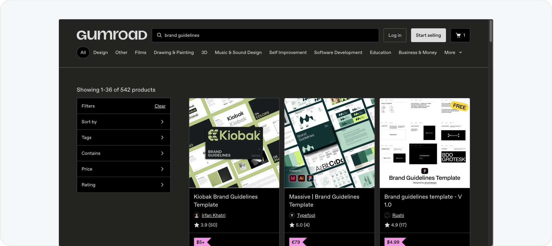 A screenshot of the Gumroad marketplace showing search results for brand guidelines templates, displaying the variety of paid options available for designers.