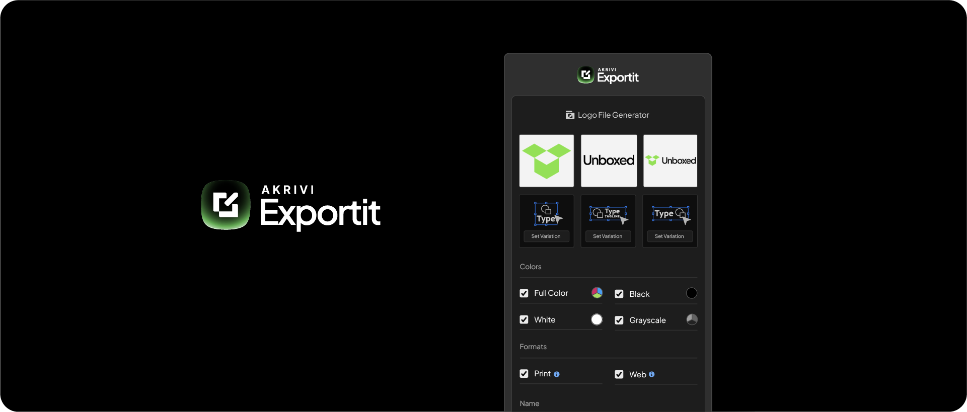 The Akrivi Exportit plugin interface in Adobe Illustrator, showing the Logo File Generator with options for logo variations, color versions, and web or print formats.