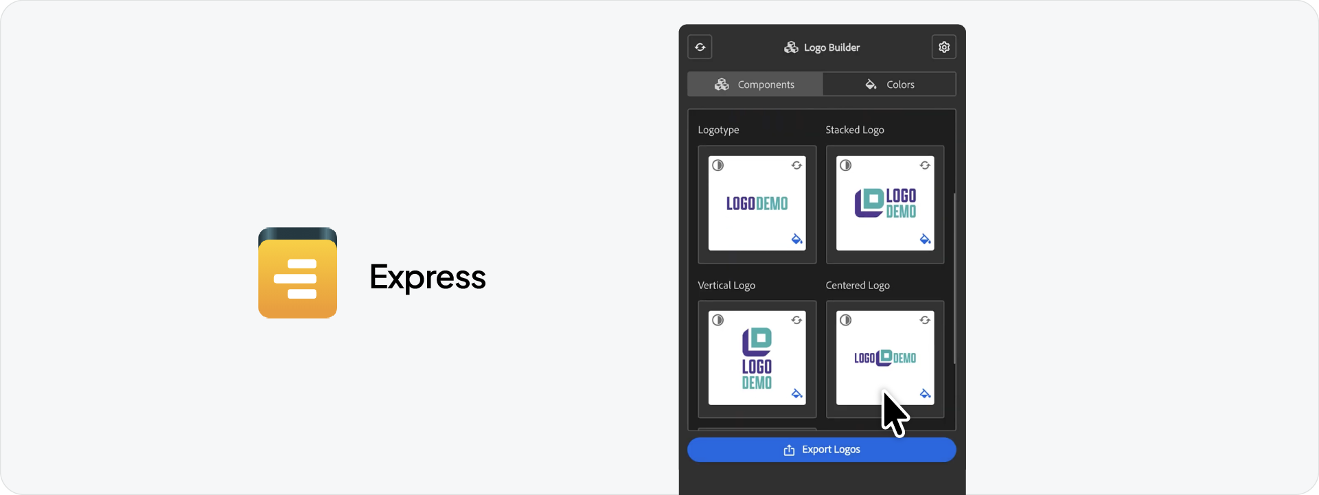 The Express Logo Builder interface inside Illustrator, displaying automated layout previews for logotypes, stacked logos, vertical logos, and centered versions.
