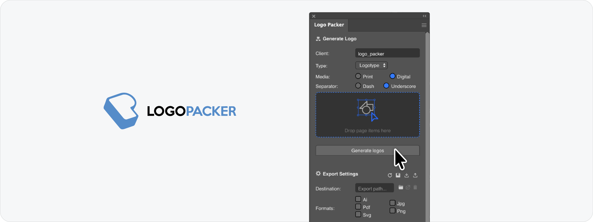 The Logo Packer plugin interface, showing a technical workflow for dragging assets, setting file naming conventions, and exporting structured logo packages.
