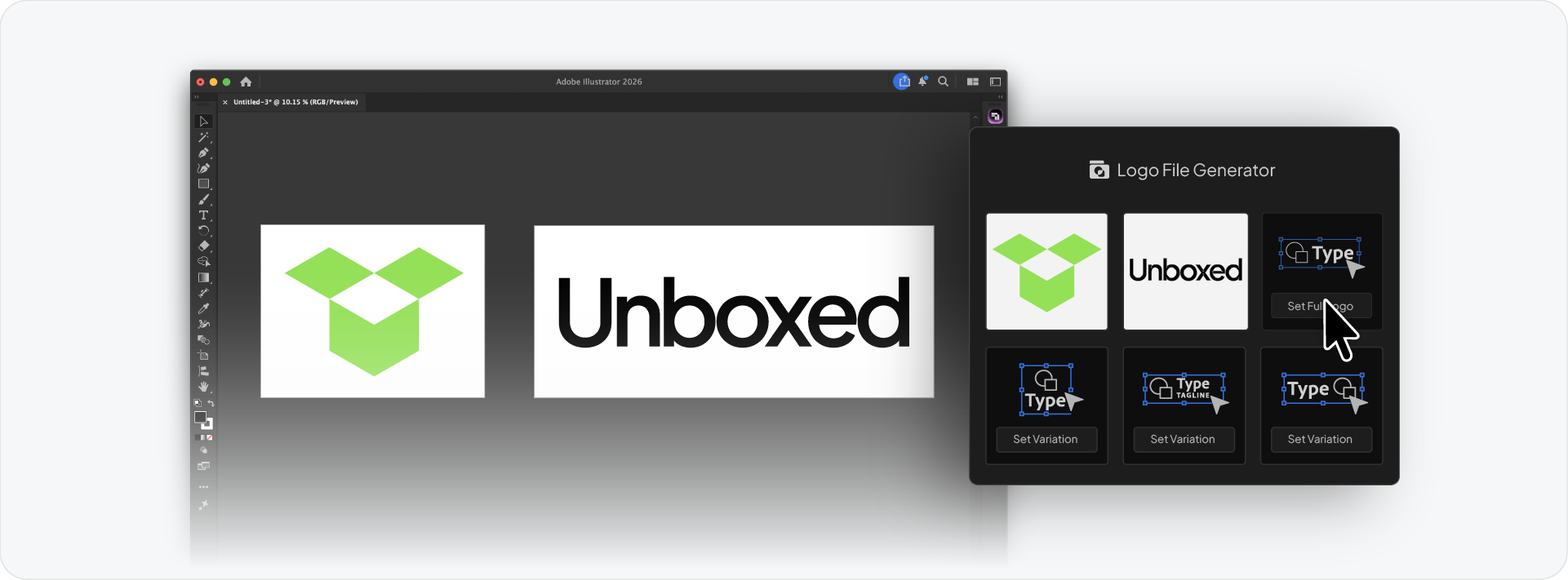 The main interface of the Akrivi Exportit Logo File Generator, displaying different logo components and color variation toggles for automated processing.