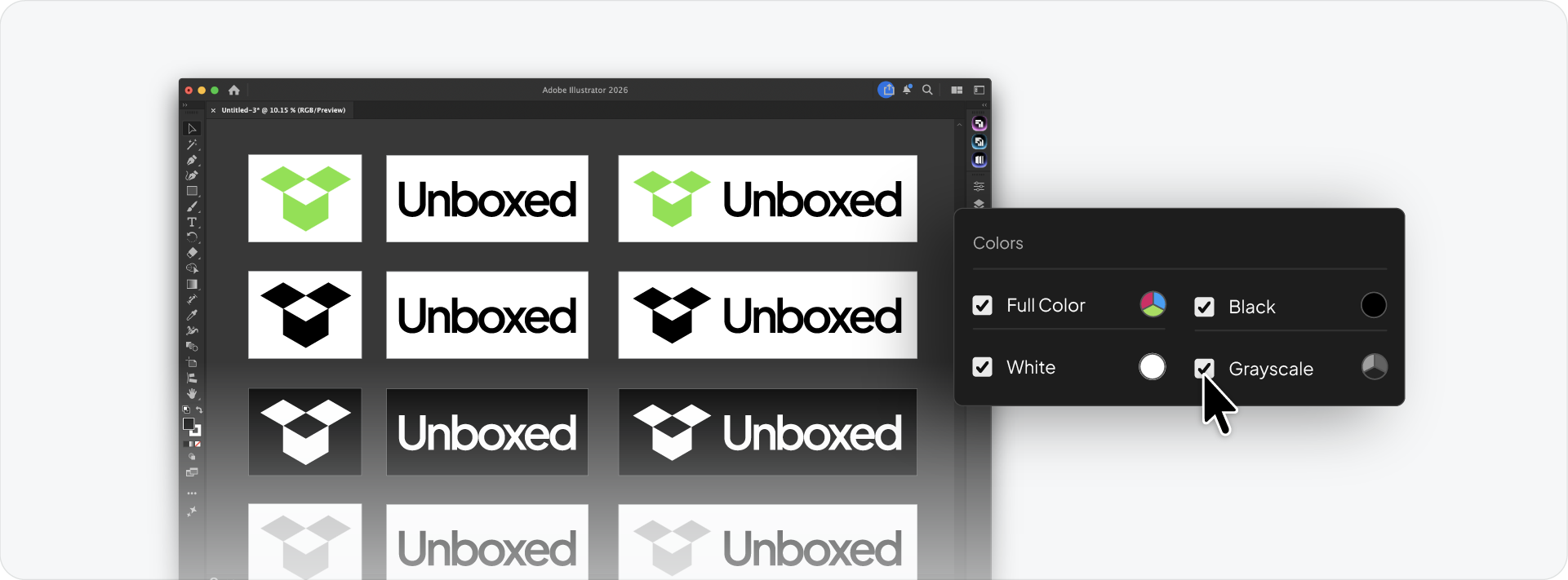The Akrivi Exportit color settings panel in Adobe Illustrator, showing a user selecting the Grayscale option for a batch logo export.