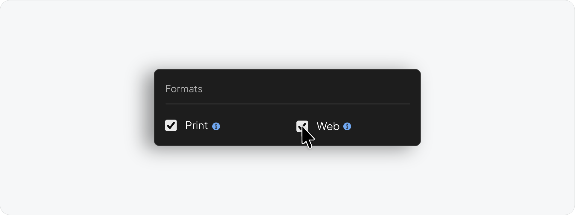 The format settings box in Akrivi Exportit, allowing designers to toggle between automated 'Print' and 'Web' file optimizations.