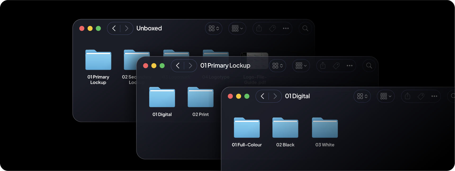 A visual map of the professional folder structure created by Akrivi Exportit, organizing logo assets into Primary Lockup, Digital, and specific color sub-folders.
