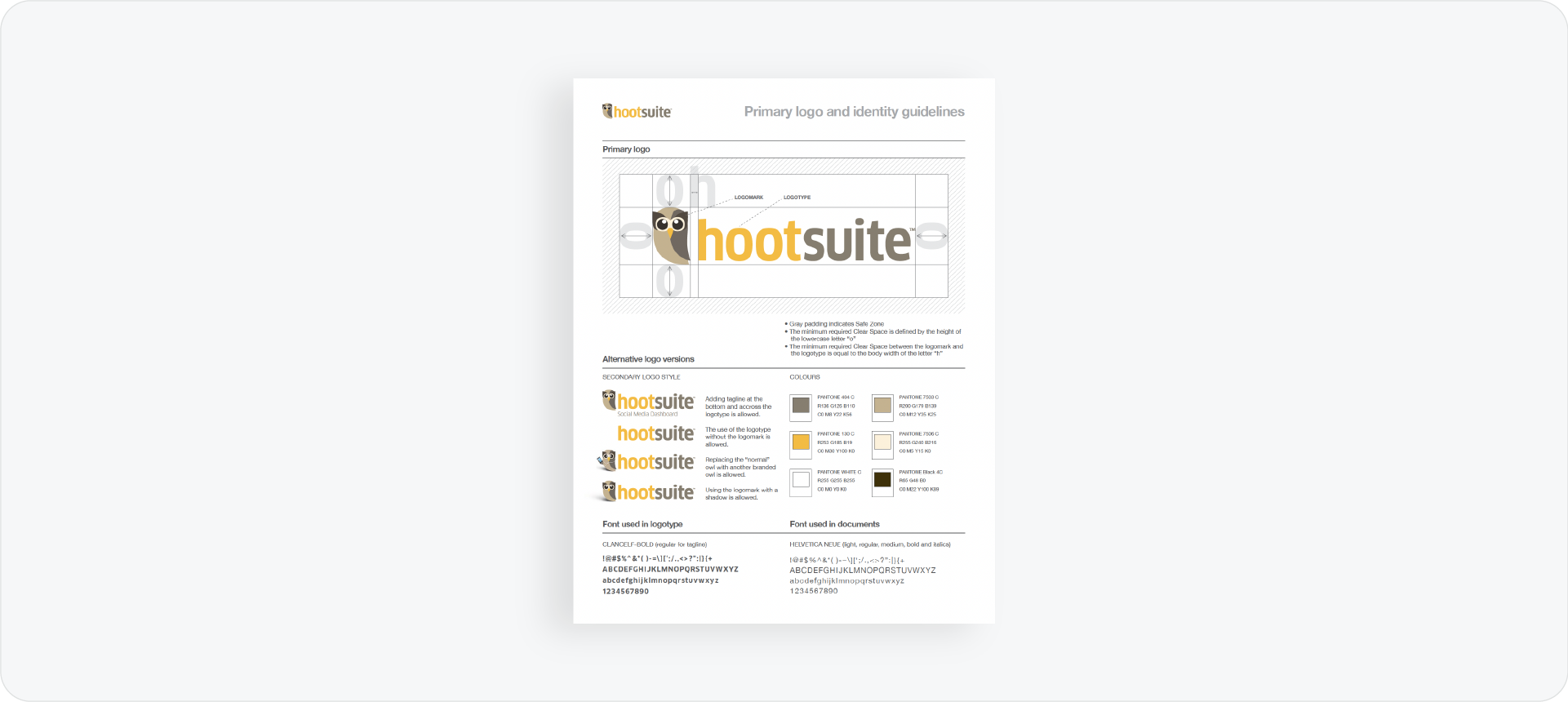 A technical logo identity guide for Hootsuite, showing precise clearspace rules and primary color palette information.