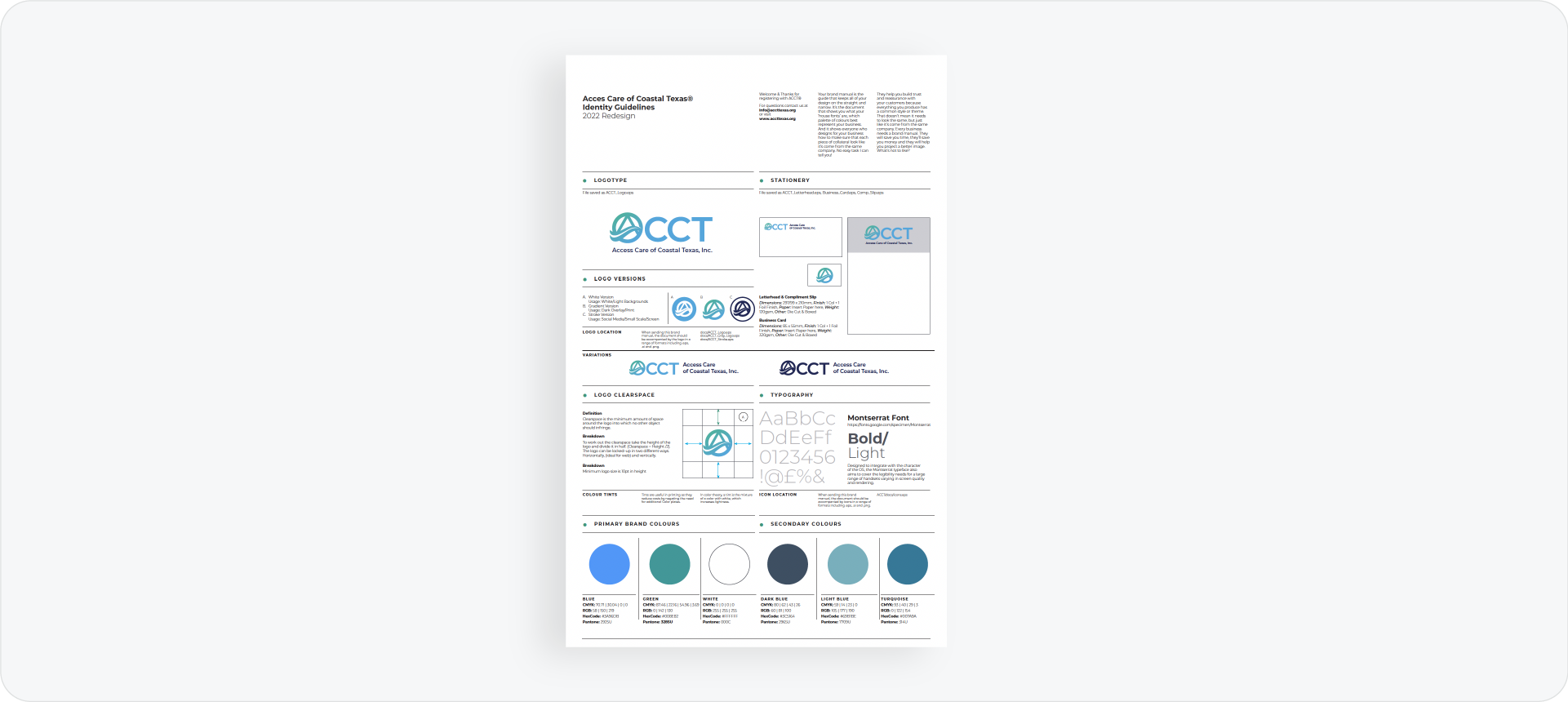 A one-page brand guideline summary for Access Care, featuring logo versions, color values, and a clear typographic hierarchy.