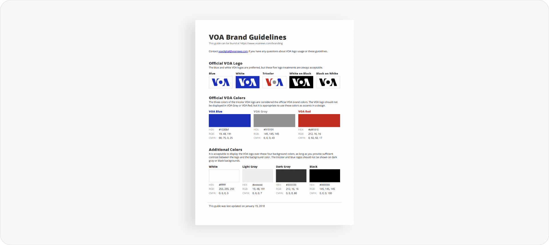 A clean VOA brand guideline page displaying official logo versions and the primary blue and red color palette.