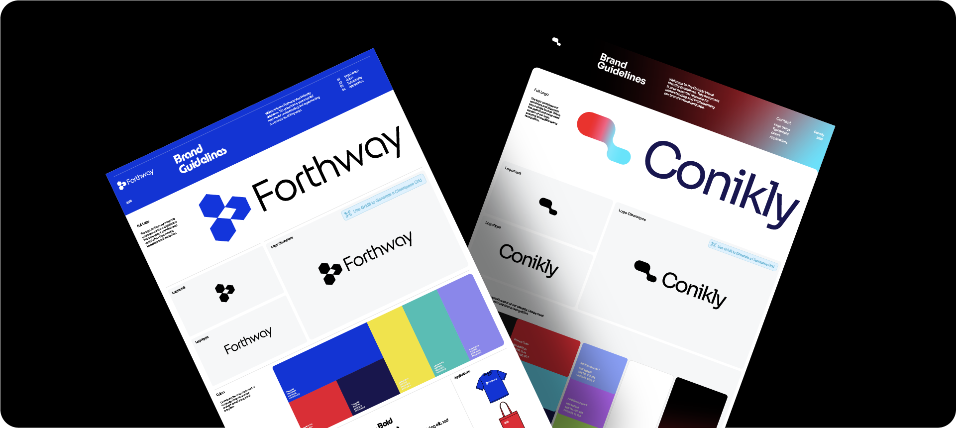 Side-by-side examples of automated brand guideline templates for Forthway and Conikly, generated using Akrivi tools in Illustrator.