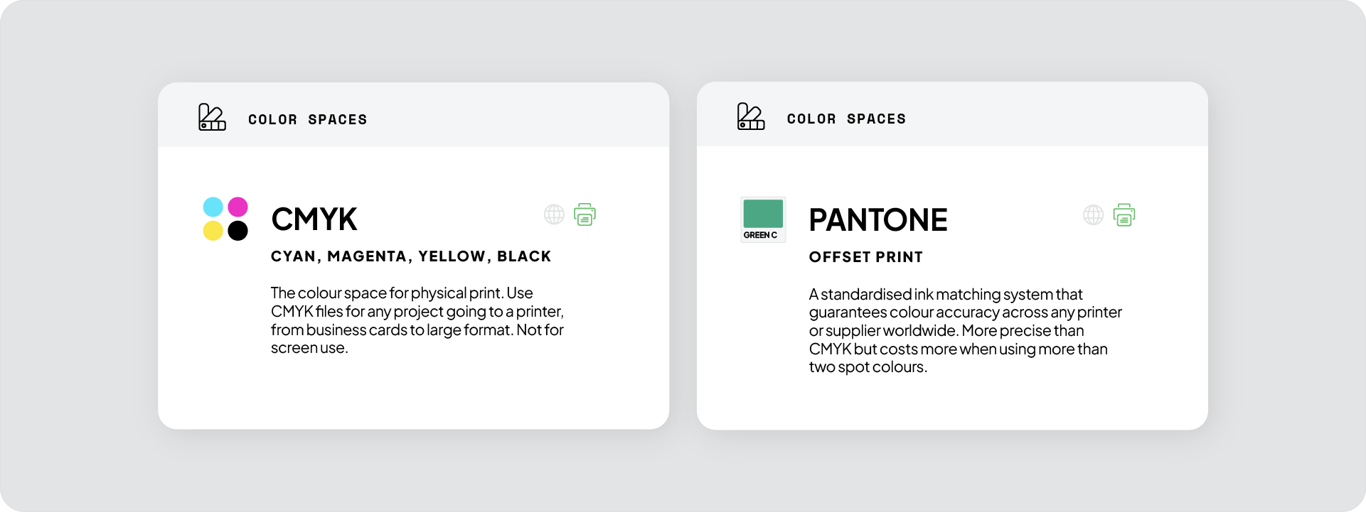 Information cards defining the CMYK and Pantone color spaces used for physical brand assets and professional offset printing.