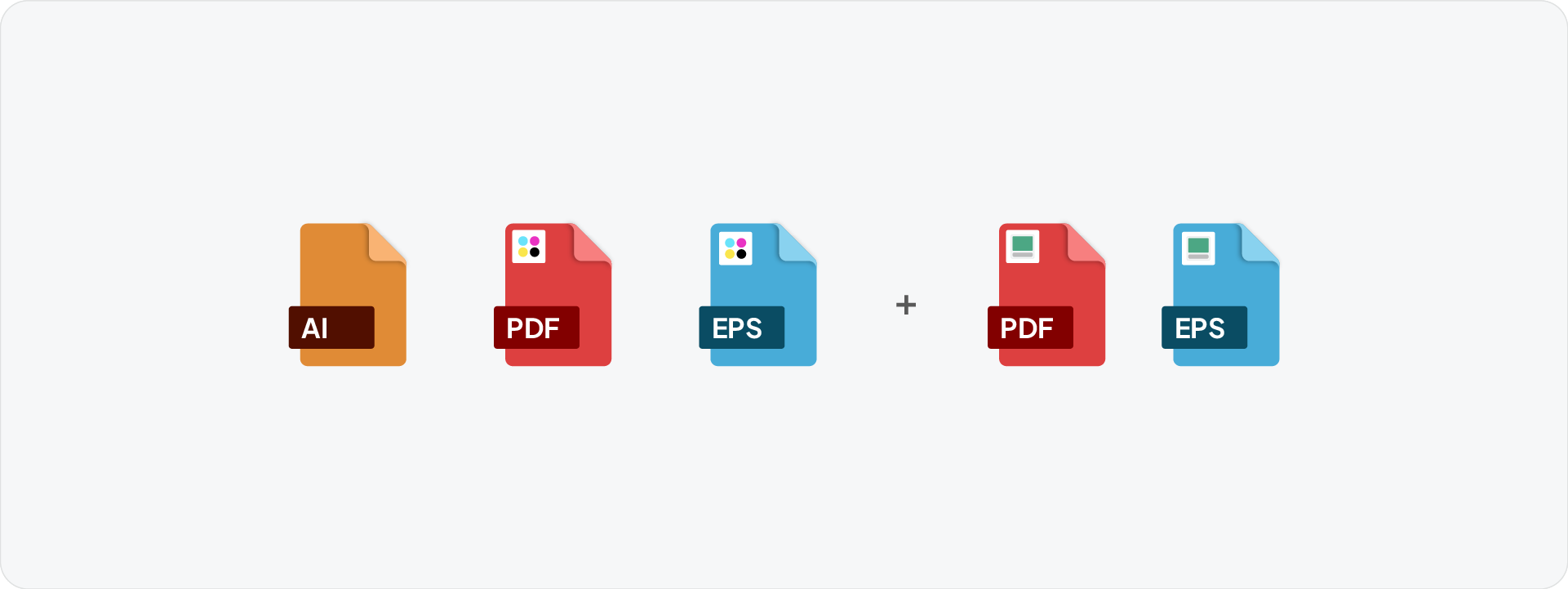 A collection of icons representing the essential vector file formats—AI, PDF, and EPS, required for high-quality print production.