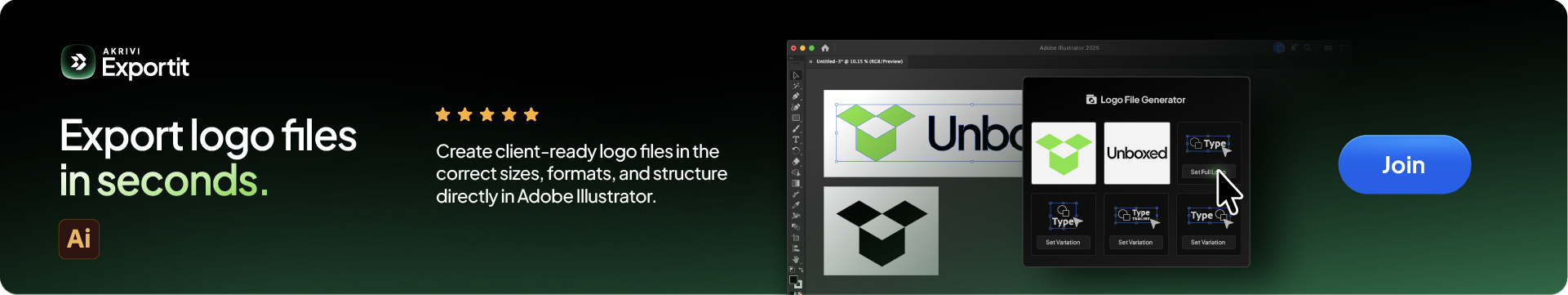 A marketing banner for Akrivi Exportit showing how to export logo files in seconds using a professional file generator directly in Adobe Illustrator."