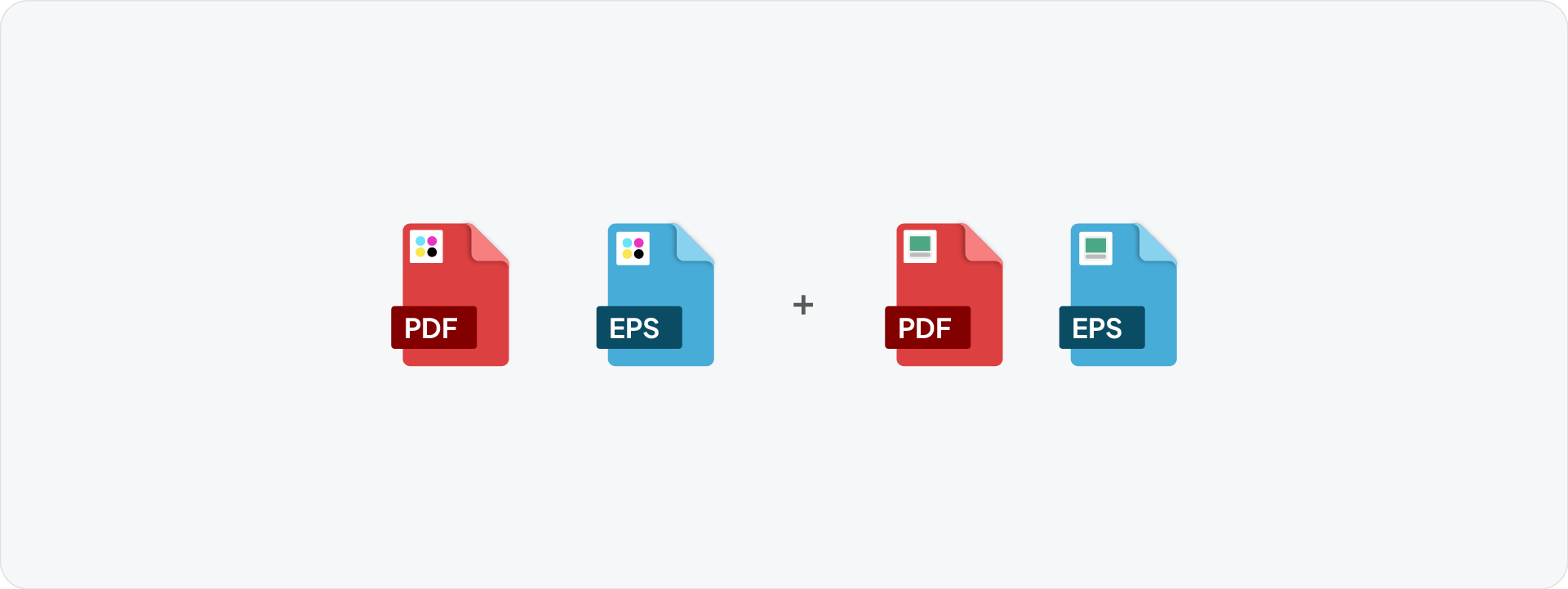 A collection of icons representing the essential vector file formats, PDF, and EPS, required for high-quality print production.