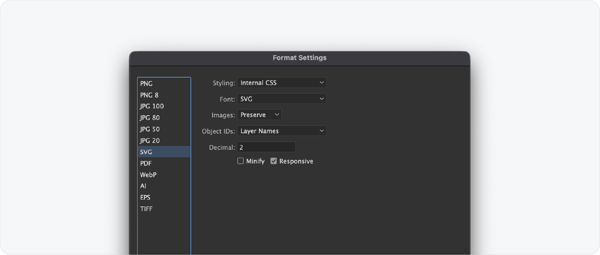 The SVG format settings dialog in Illustrator, showing technical configurations for Internal CSS styling and responsive web optimization.