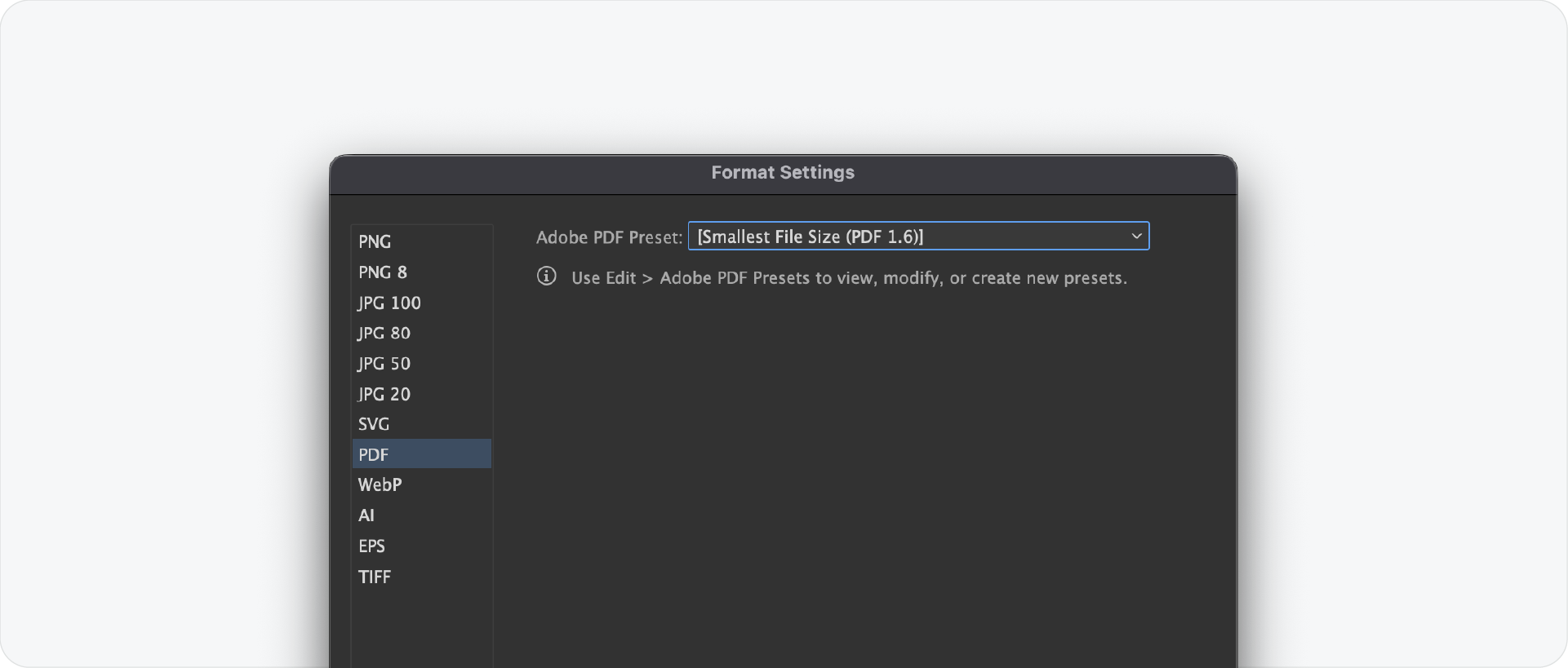 The PDF format settings dialog in Illustrator, showing the selection of the 'Smallest File Size' preset for optimized digital brand guidelines.