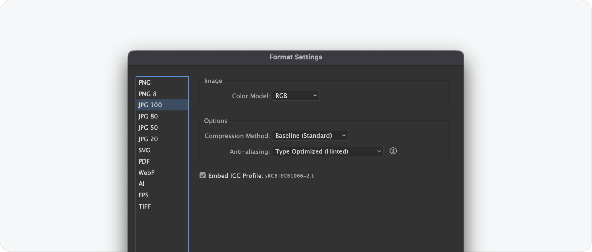 The JPG format settings dialog in Illustrator, configured for the RGB color model with type-optimized anti-aliasing.