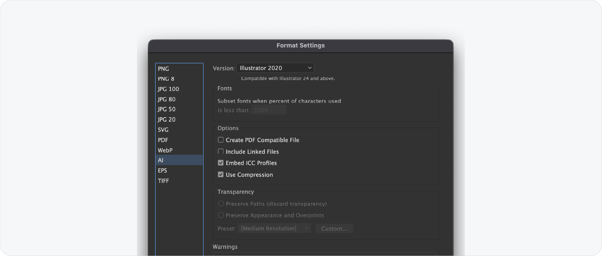 The Adobe Illustrator AI format settings dialog showing version compatibility and options for embedding ICC profiles and using compression.