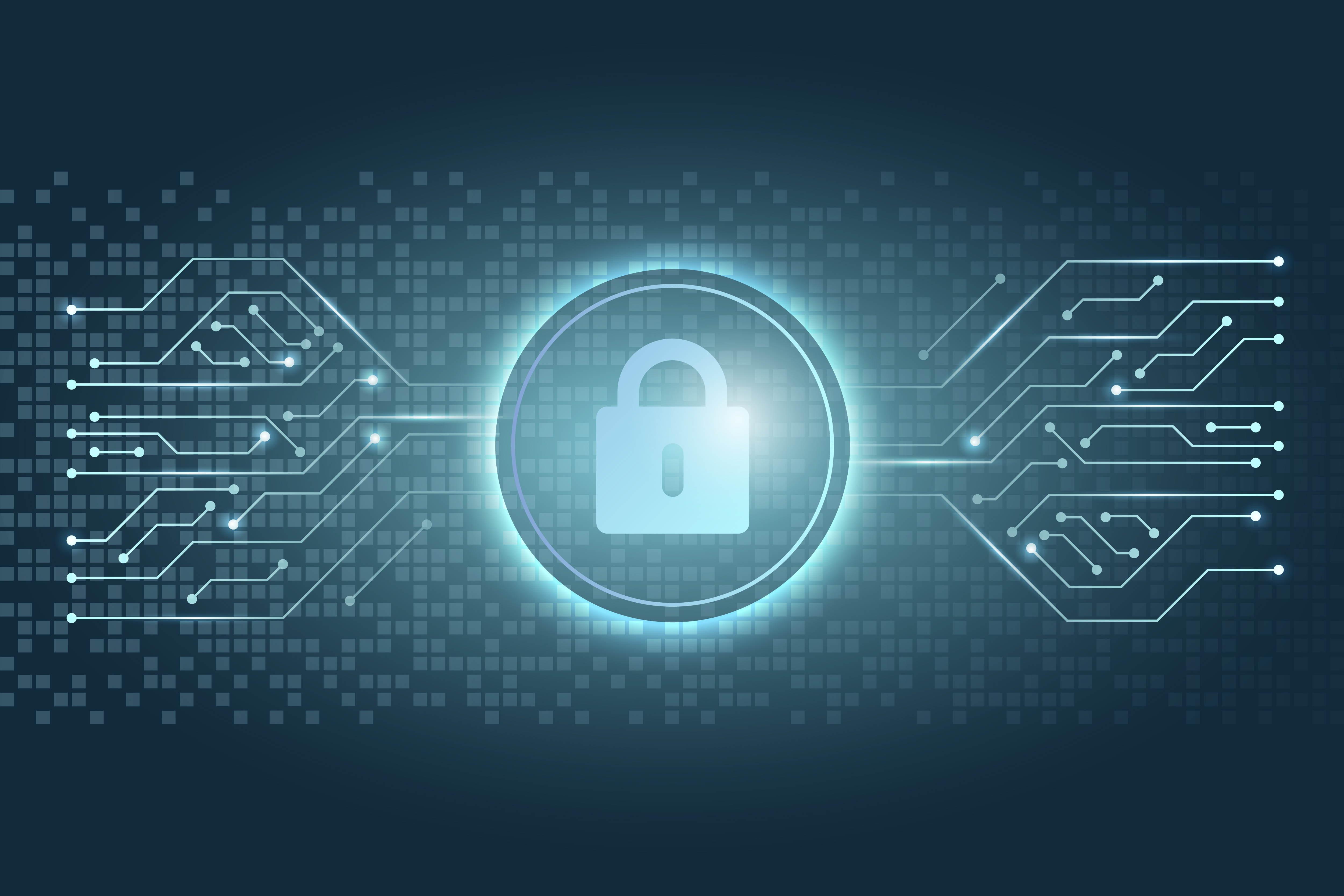 Cybersecurity lock with a circuit board design flowing into it symbolizing cyber security.
