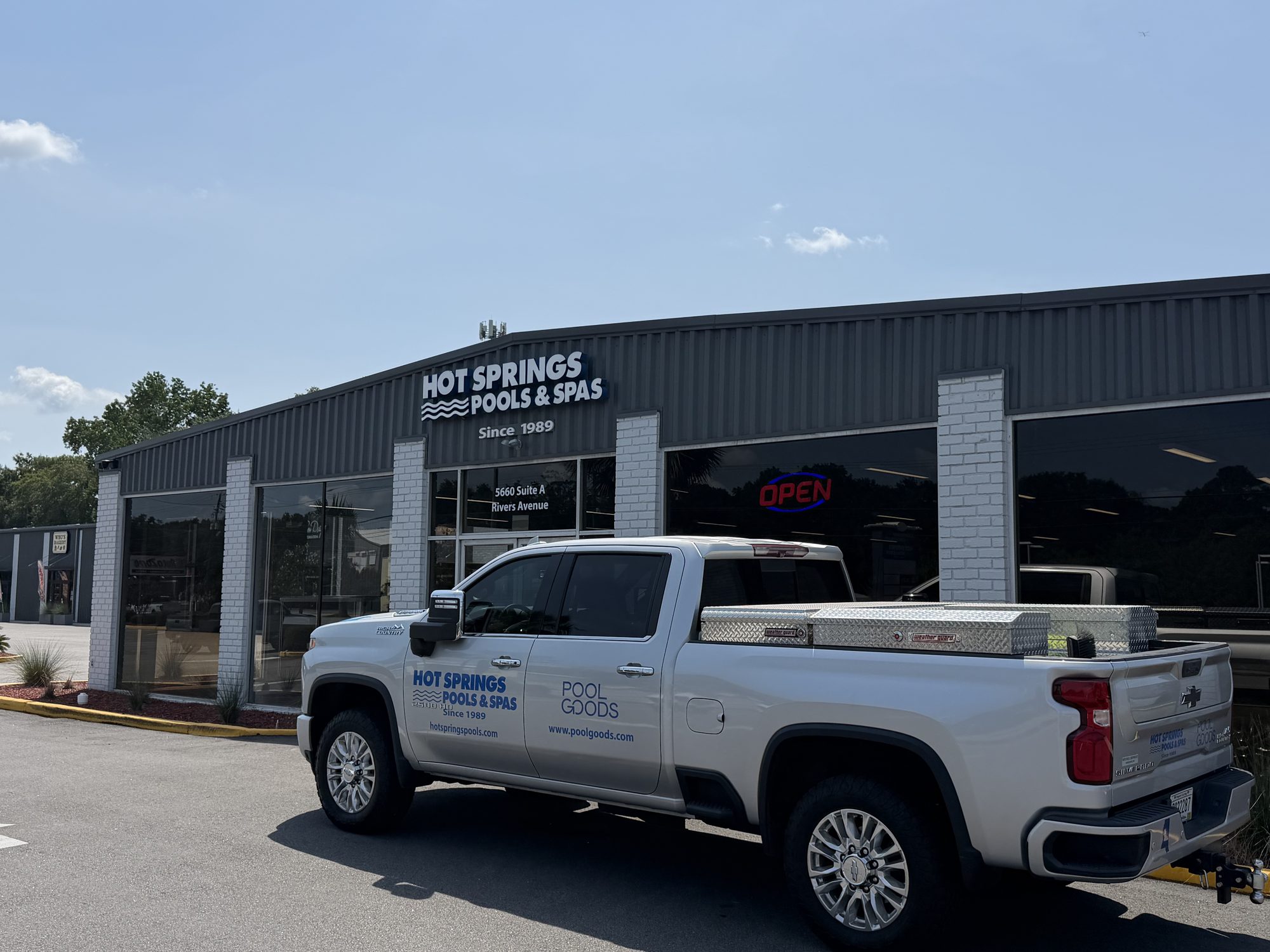 Hot Springs Pools & Spas storefront with Since 1989 signage at 5660 Rivers Ave in Charleston, SC