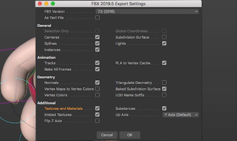 FBX settings for Cinema 4d export to adobe aero.png