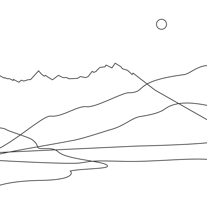 line drawing of mountains with a moon in the sky around sunset.