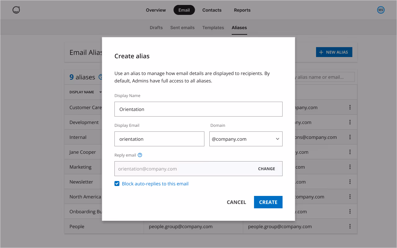 Design of create alias dialog to show the new design. Users will create a display name, email address, and reply-to email for this.