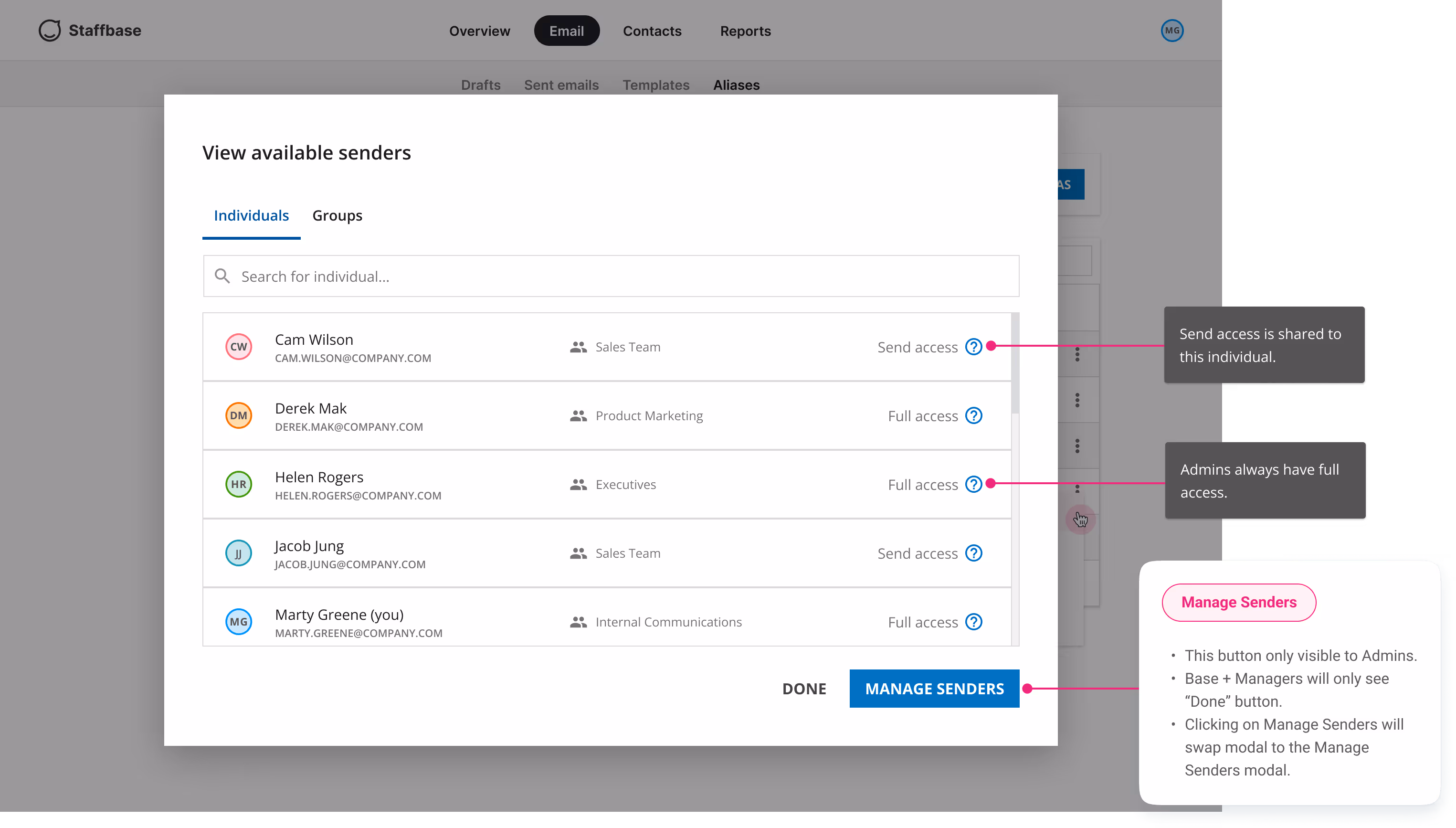 Design of view available senders for the selected email alias. This also shows what the different help icons or button entails.