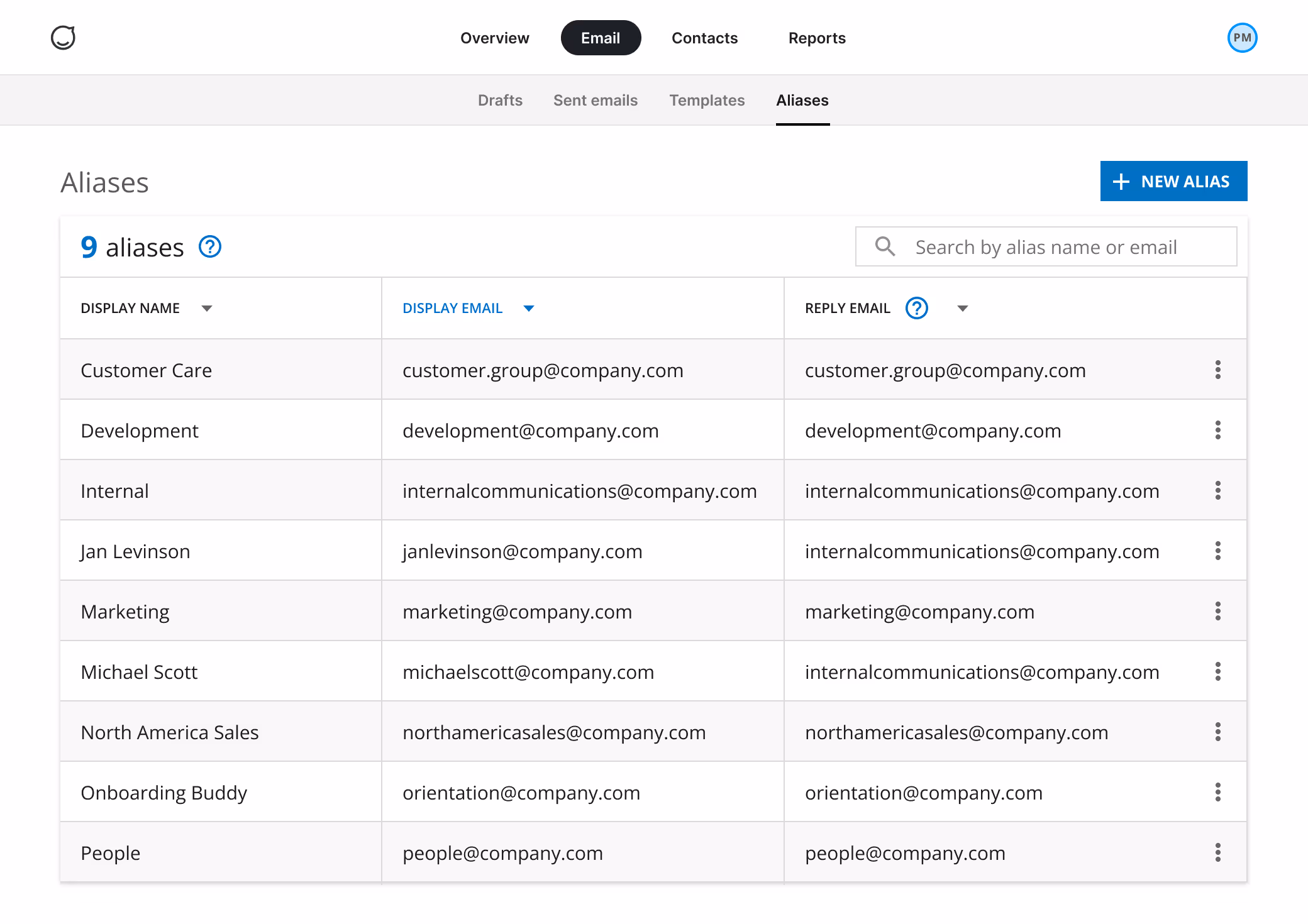 High fidelity design of the new email alias management page.