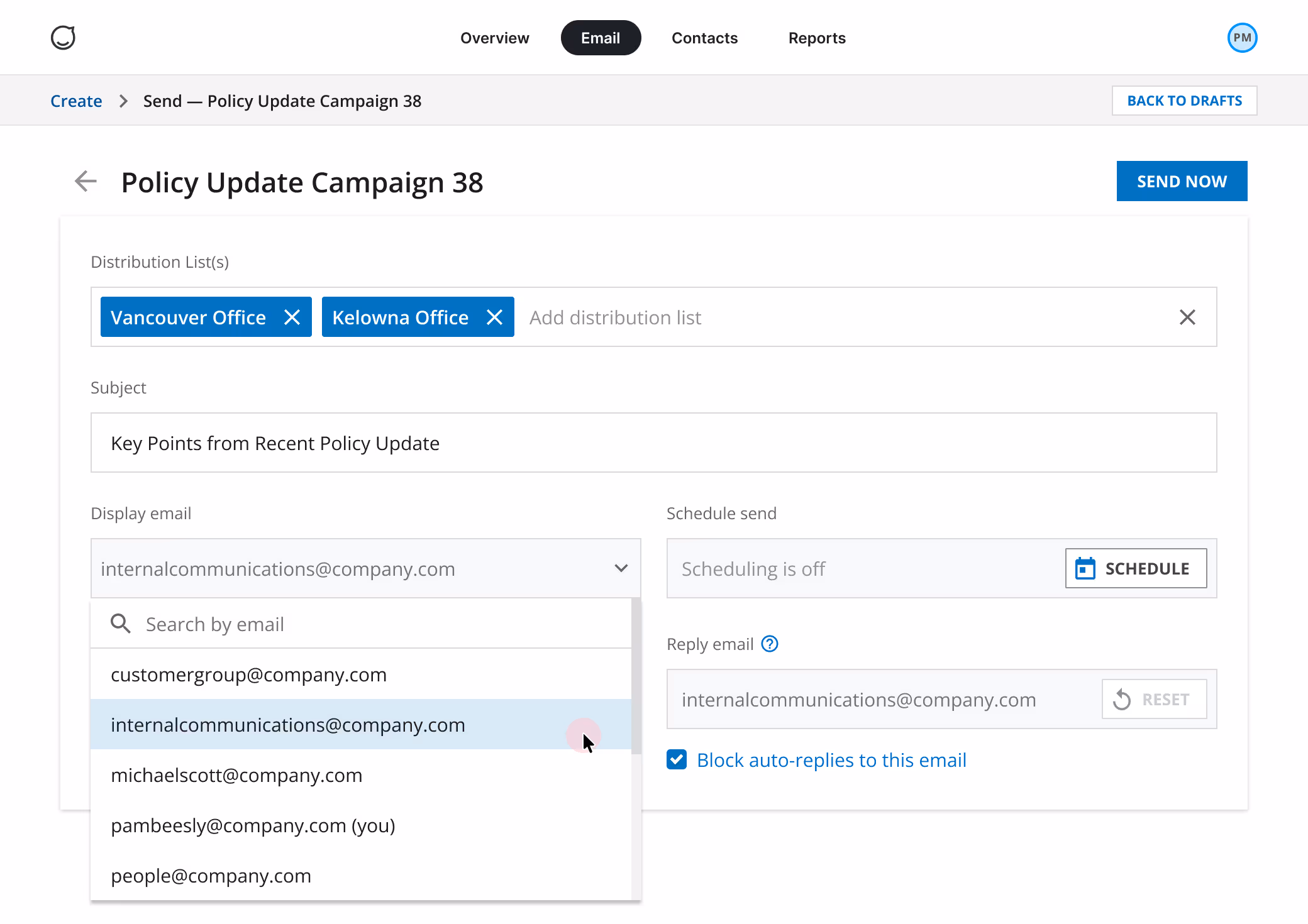 High fidelity design of the send page with the new dropdown menu to selected desired alias to use.