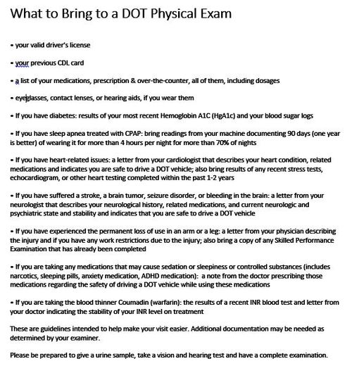 What to bring to a DOT Exam