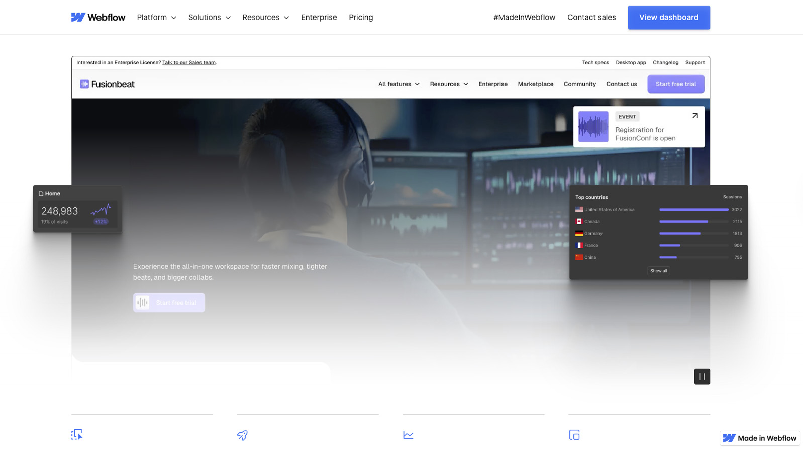 A screenshot of Webflow Homepage showing some highlights of their features. 