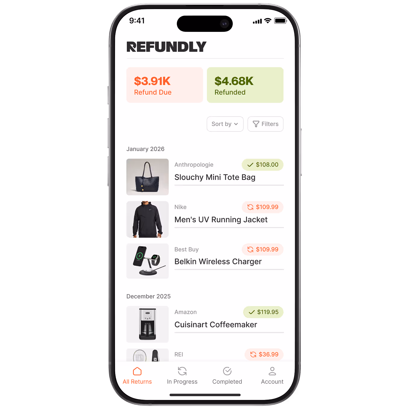 Refundly mobile app UI