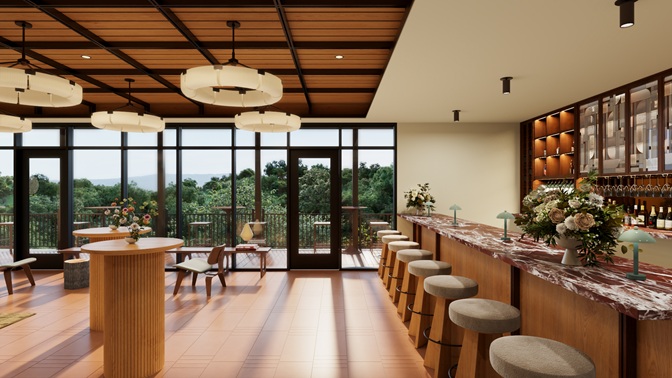 Modern bar interior with marble countertop, cushioned bar stools, wooden ceiling, and large windows showing green trees outside.