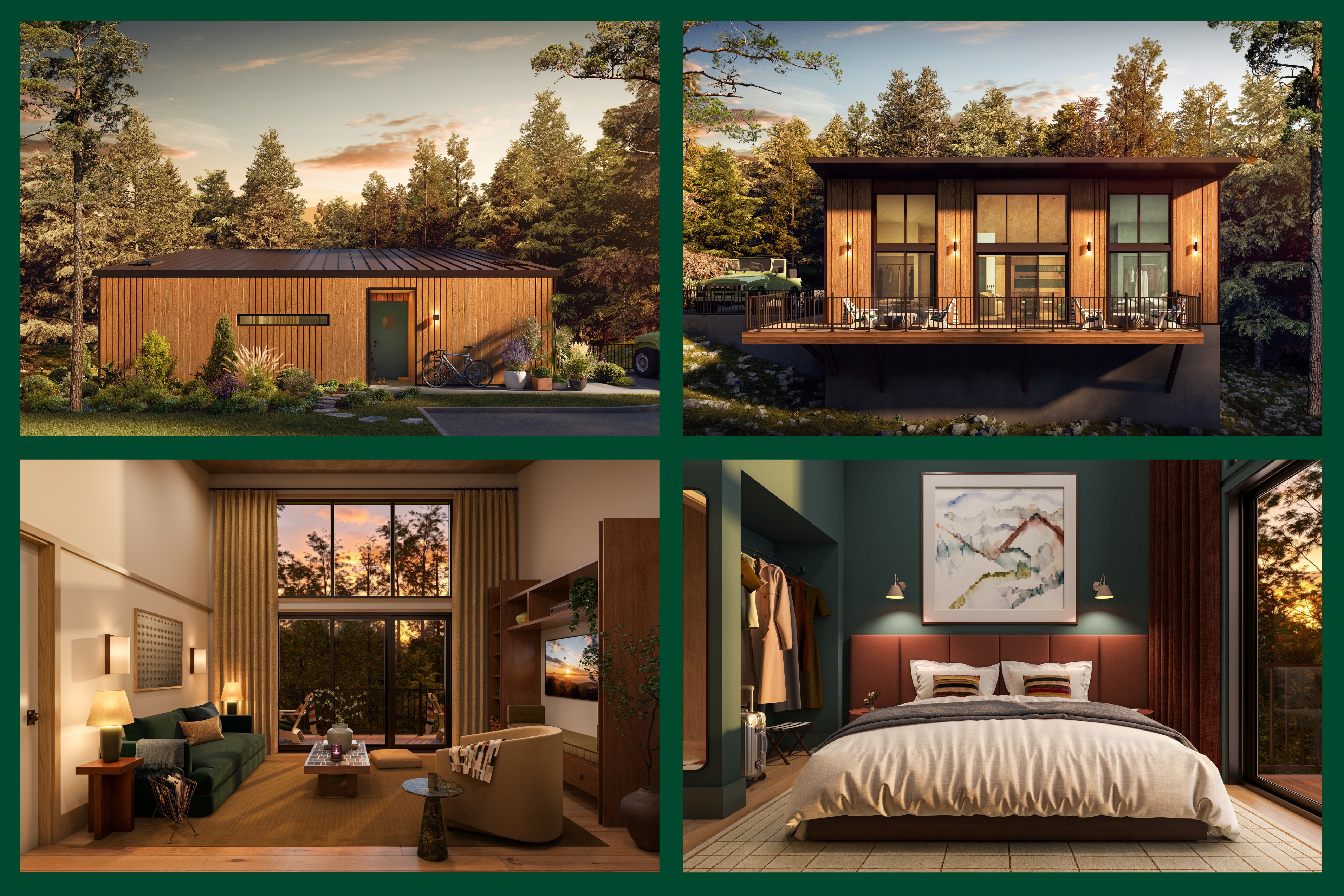 Collage of two modern spaces: a cozy living room with green armchairs, a round wooden table, beige sofa, and abstract wall art; and an outdoor balcony with wooden tables and stools overlooking a lush forested landscape under a partly cloudy sky.