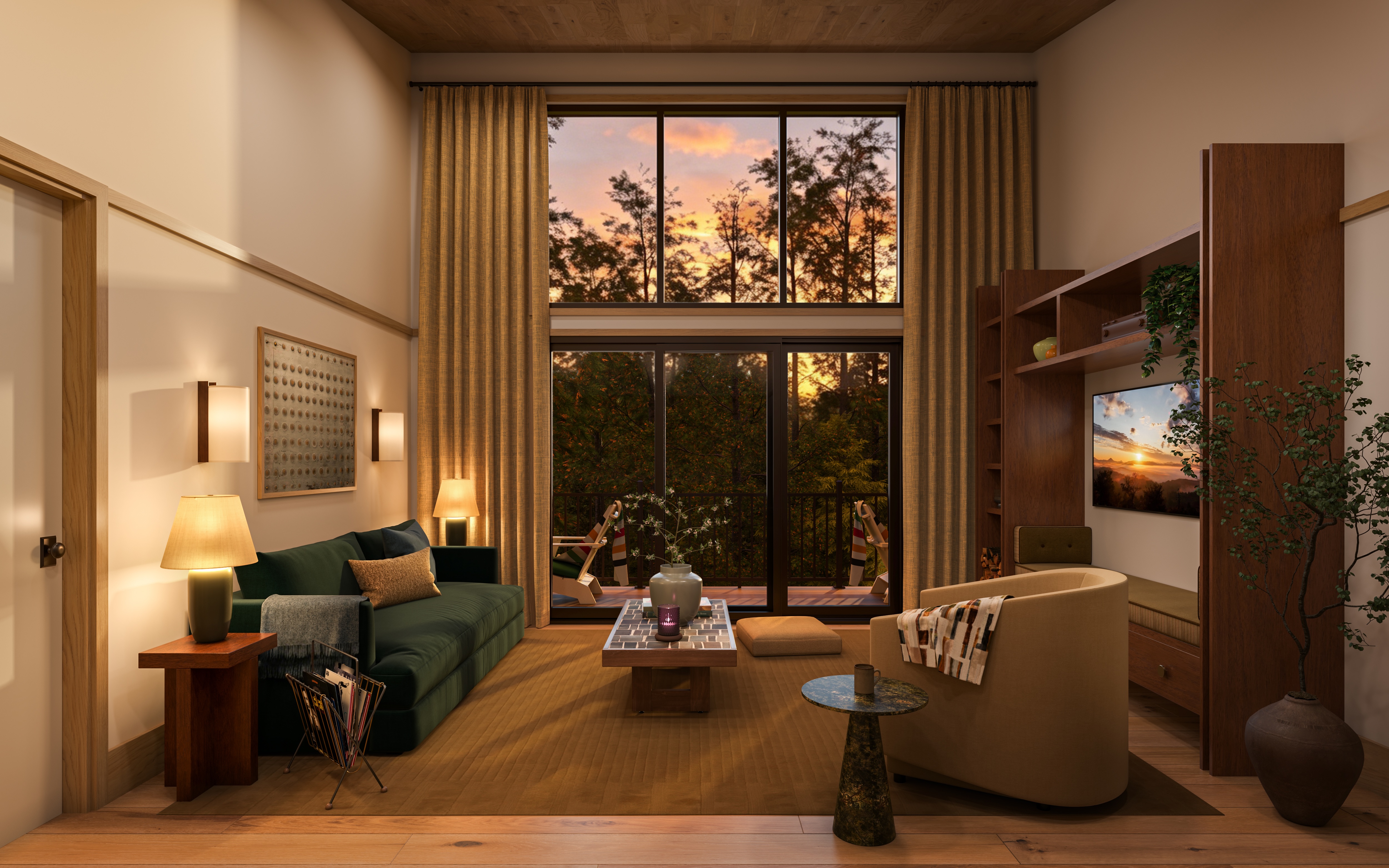 Modern lobby area with wooden panel walls, red marble-topped reception desk, a red lamp, green chair, and a bar with stools in the background.