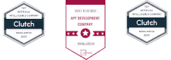 Three Clutch award badges for highest user satisfaction in app development, featuring stars and ribbons, awarded to a company in 2023 and 2022.