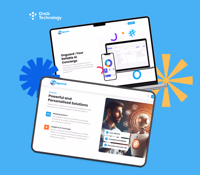 Two angled screens showing Onguard AI concierge interface with features and a man interacting with a robot, set against a blue background with colorful abstract bursts and Ontik Technology logo.