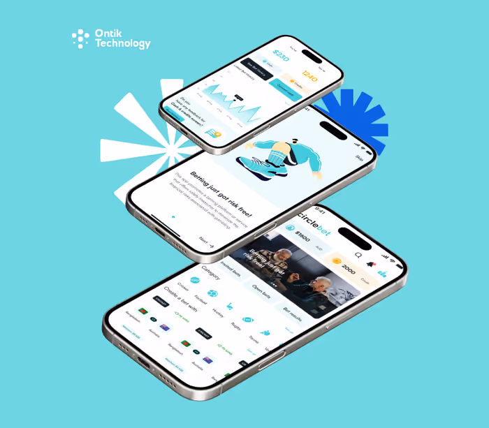 Three smartphone screens displaying a betting app interface with graphs, user profiles, and betting categories on a blue background with Ontik Technology logo.