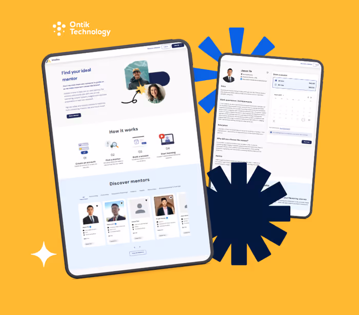 Two tablets displaying Ontik Technology's mentor matching platform with mentor profiles, session booking, and workflow steps on a yellow background with decorative blue and white shapes.