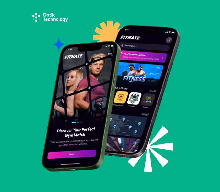 Two smartphones displaying Fitmate app screens for finding gyms and fitness matches, on a green background with Ontik Technology logo.