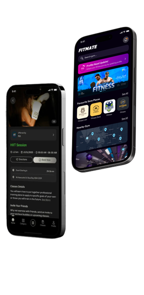 Fitmate app screens shown on two phones