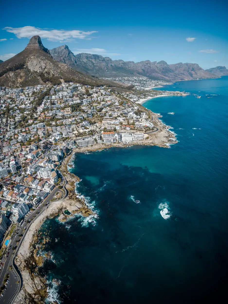A drone shot of the coast of Cape Town