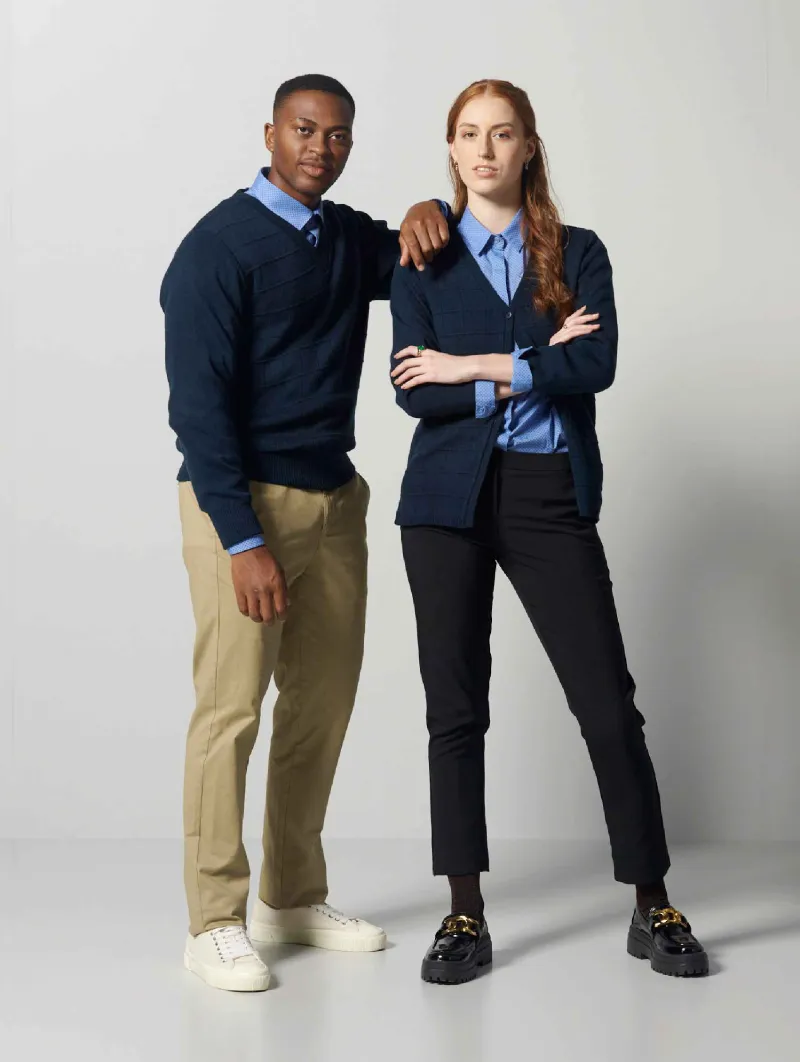 A man and woman wearing Rolando's office wear
