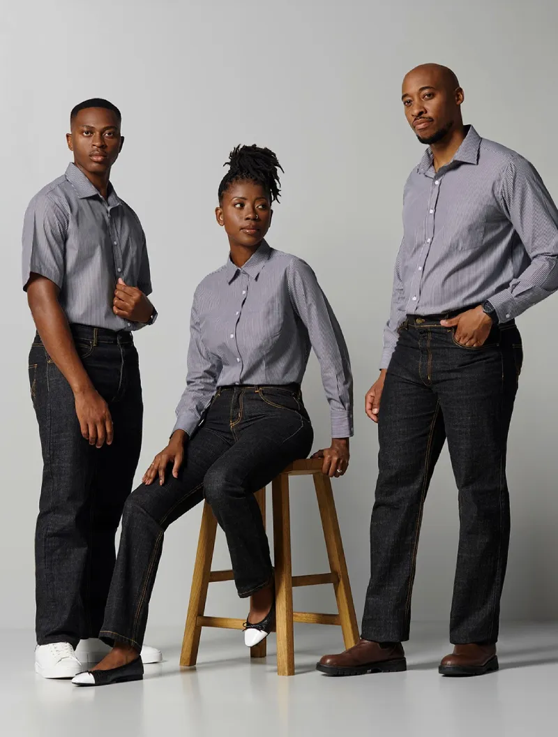 People wearing one of Rolando's office clothing lines