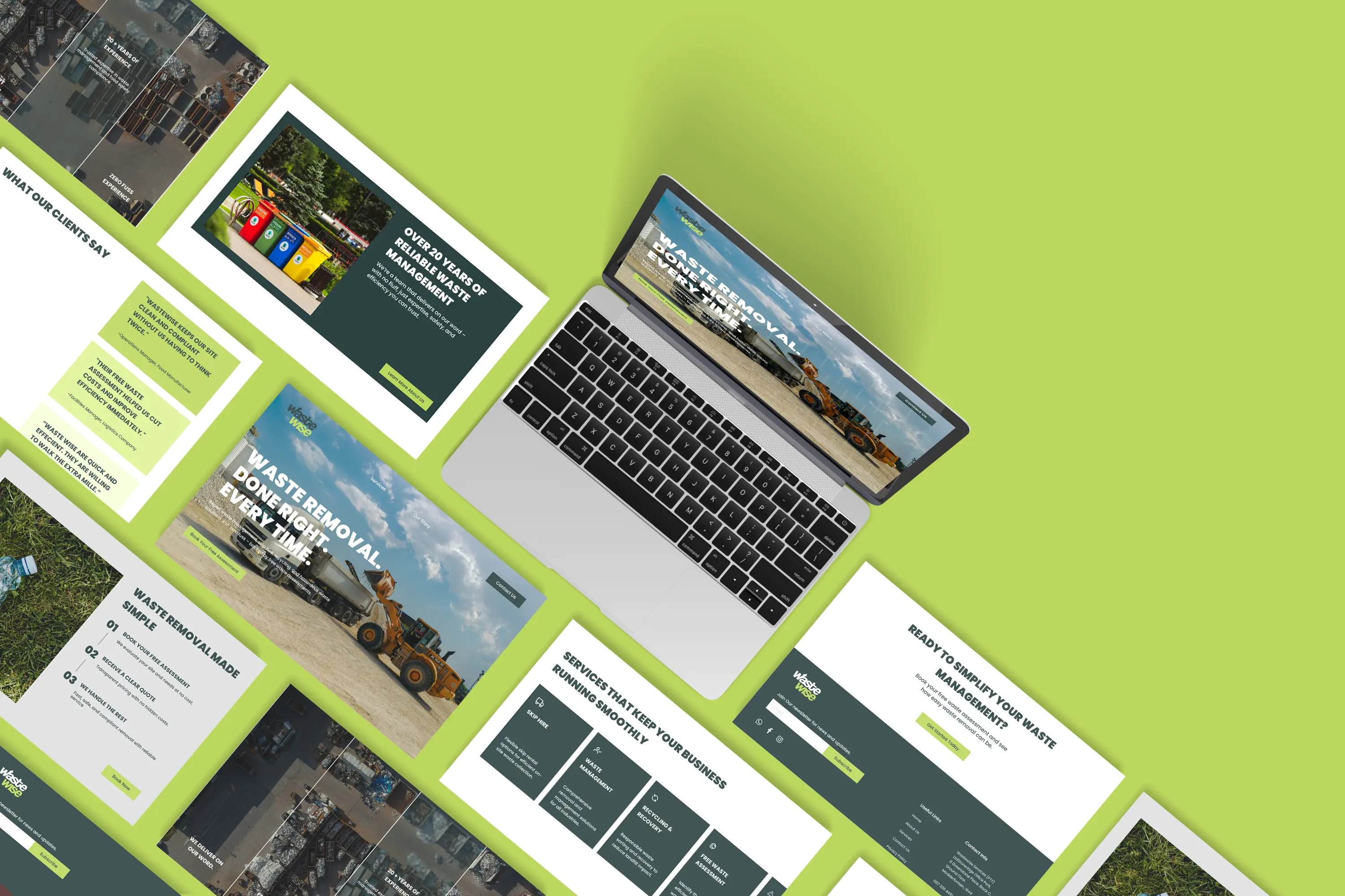 WasteWise's new website designs and mockups against a green background